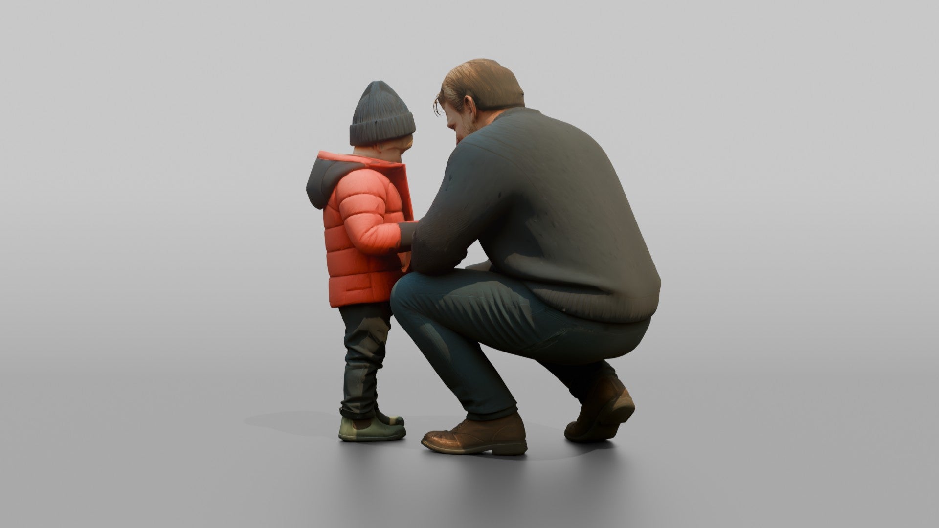 Dutch Man Crouching to Help a Child with a Coat