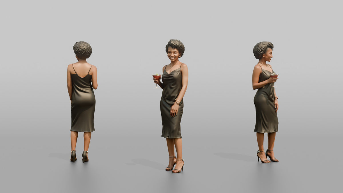 Patron Woman Standing Holding A Cocktail Glass, Relaxed Pose - 3D character model, view 1