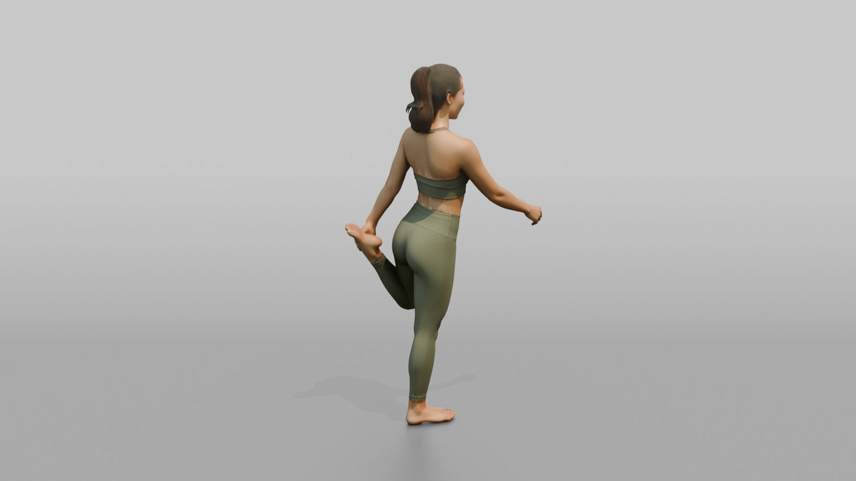 Fitness Influencer Woman Doing A Standing Quad Stretch - 3D character model, view 3