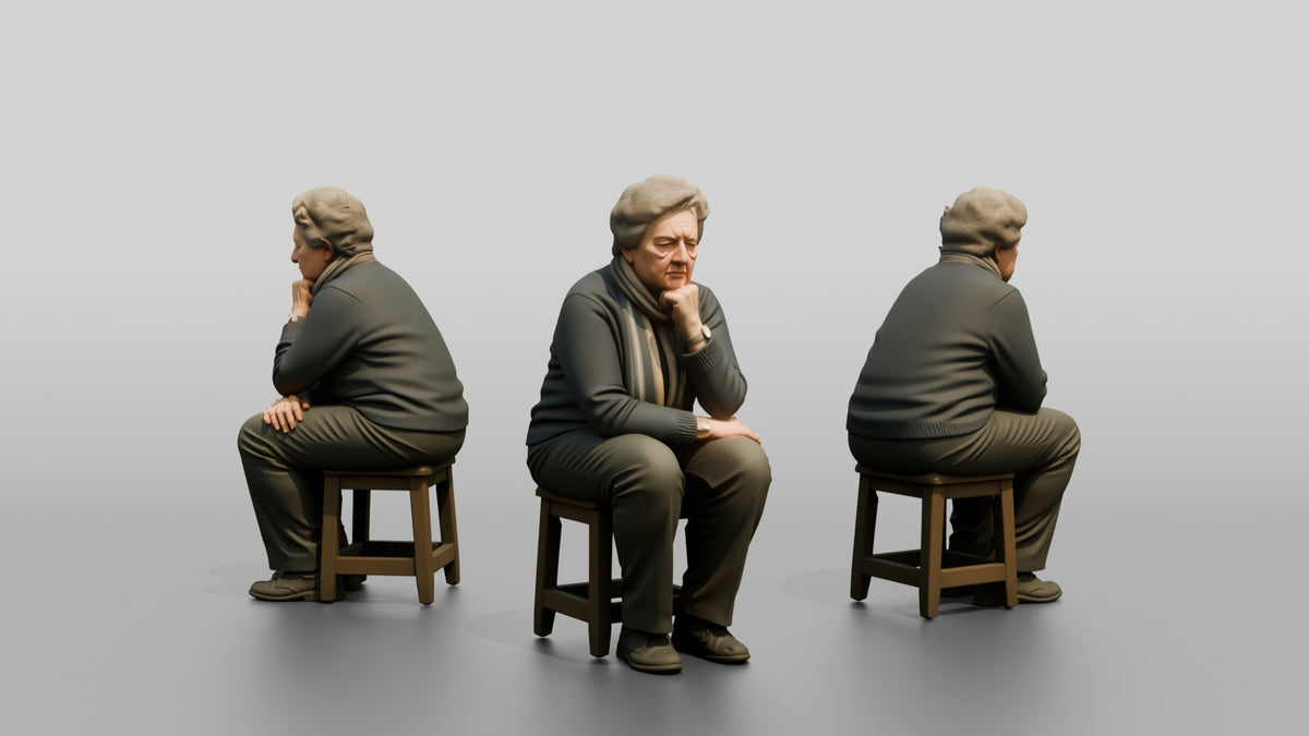 Homeless Woman Looking Pensive While Resting Her Chin on Her Fist - 3D character model