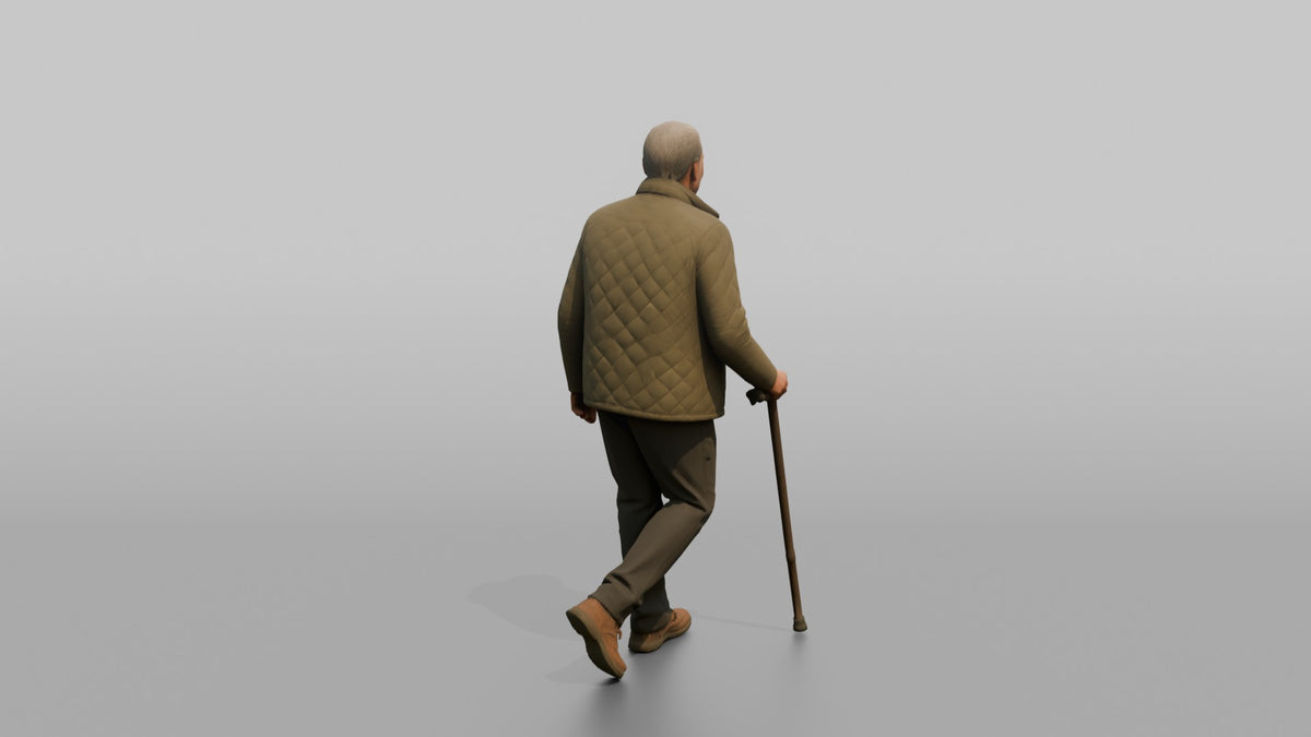 Grandfather Holding A Walking Stick, Mid-stride - 3D character model, view 3