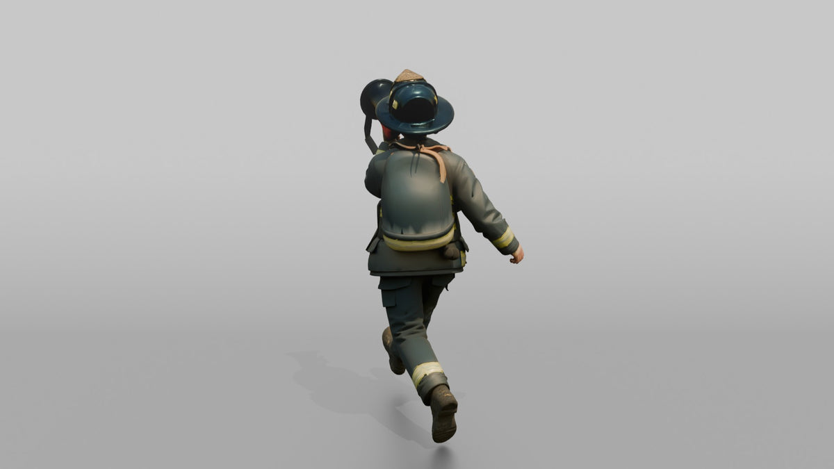 Firefighter Woman Running While Holding a Portable Megaphone - 3D character model, view 3