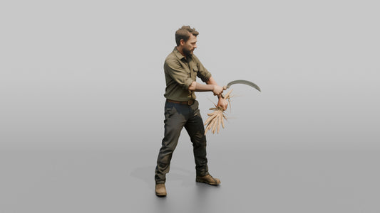 Farmer Slicing Wheat Stalks Hand Sickle - 3D character model, view 1