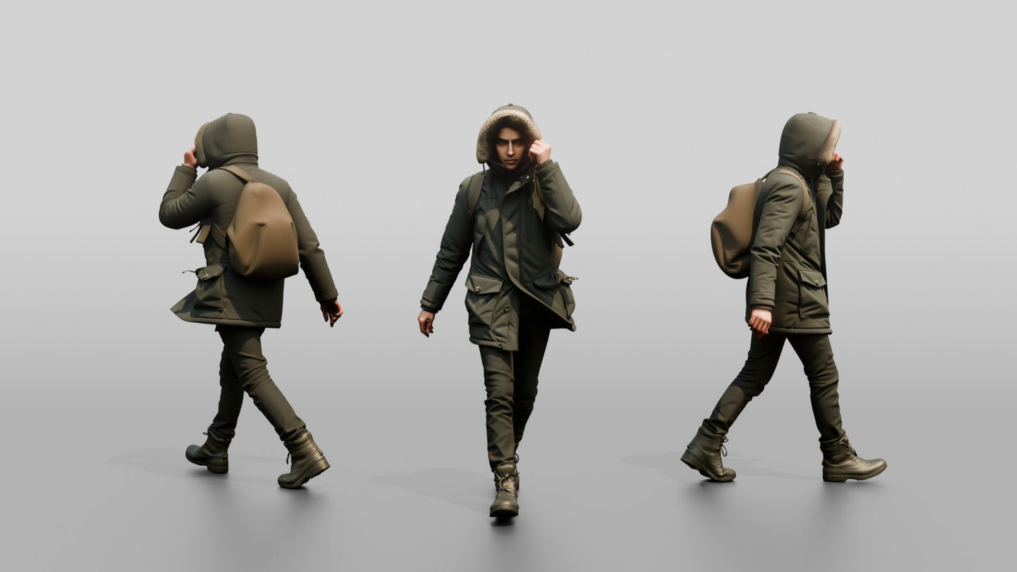 Middle Eastern Man in Grey Parka Walking Against Wind