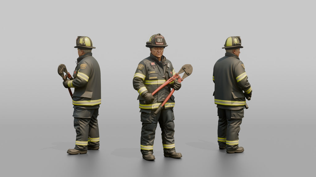 Firefighter Man Standing Ready While Holding a Heavy Bolt Cutter