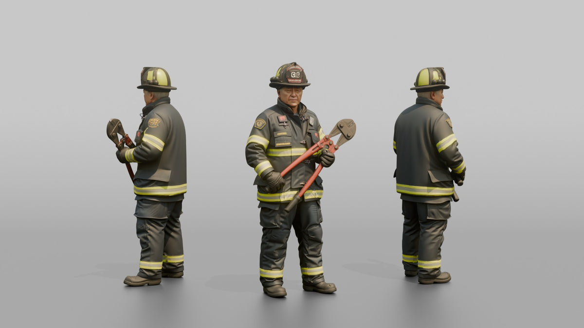 Firefighter Man Standing Ready While Holding a Heavy Bolt Cutter - 3D character model