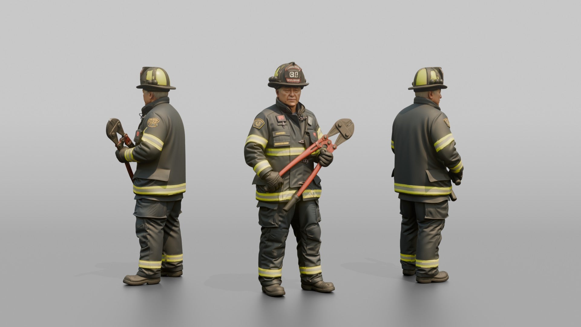 Firefighter Man Standing Ready While Holding a Heavy Bolt Cutter