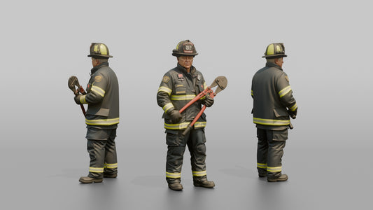 Firefighter Man Standing Ready While Holding a Heavy Bolt Cutter