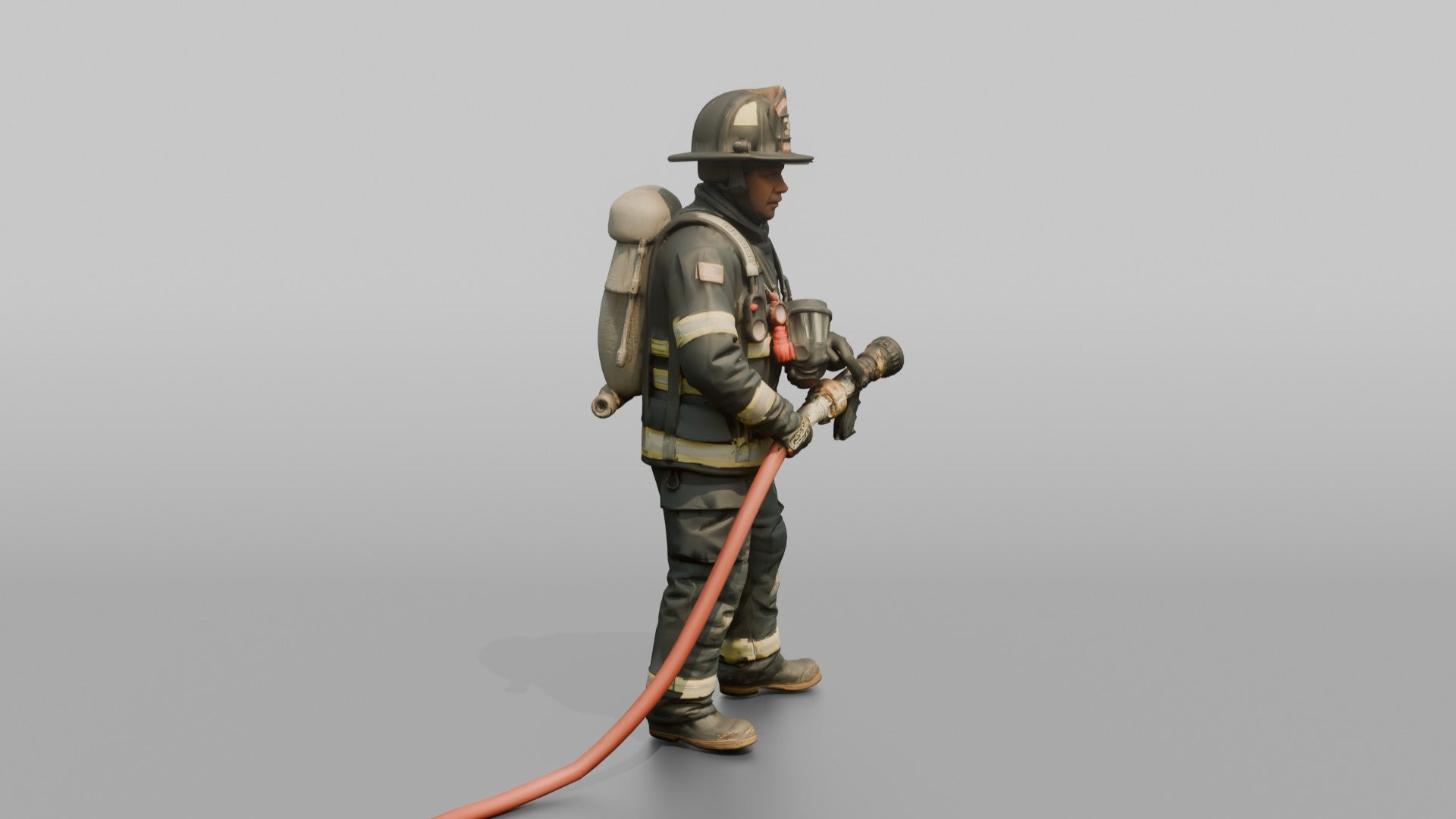 Firefighter Man Holding a High-pressure Water Fog Nozzle