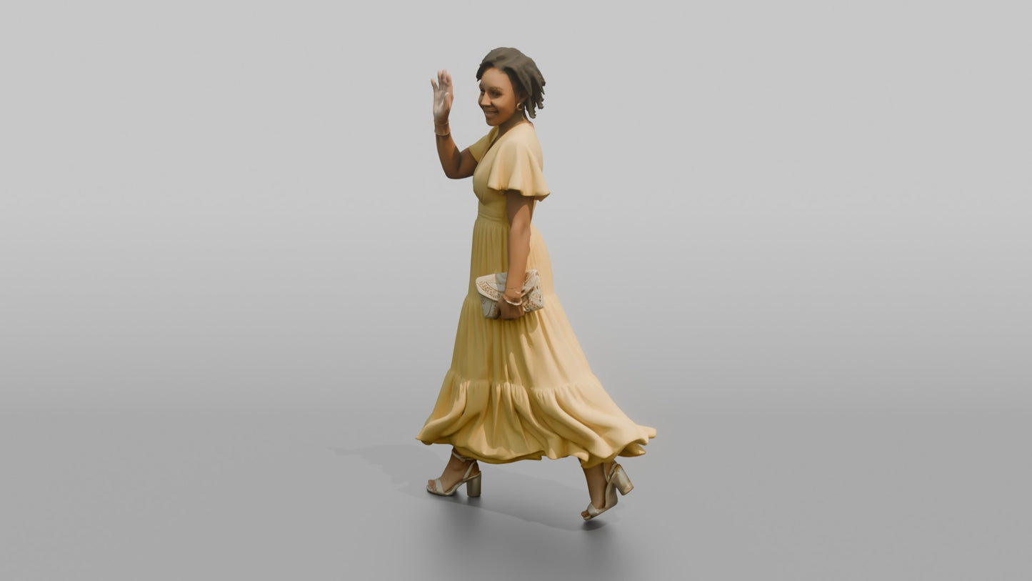 Wedding Guest Waving in a Yellow Chiffon Dress