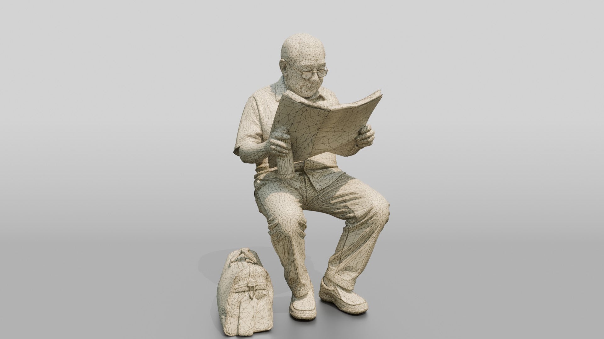 Elderly Asian Man Seated Reading Newspaper with Travel Bag