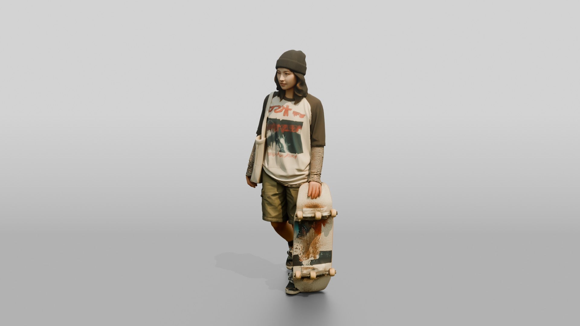 Asian Woman Balancing a Skateboard