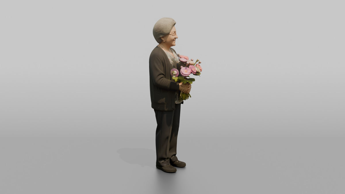 Grandmother Holding A Bouquet Of Garden Flowers - 3D character model, view 2