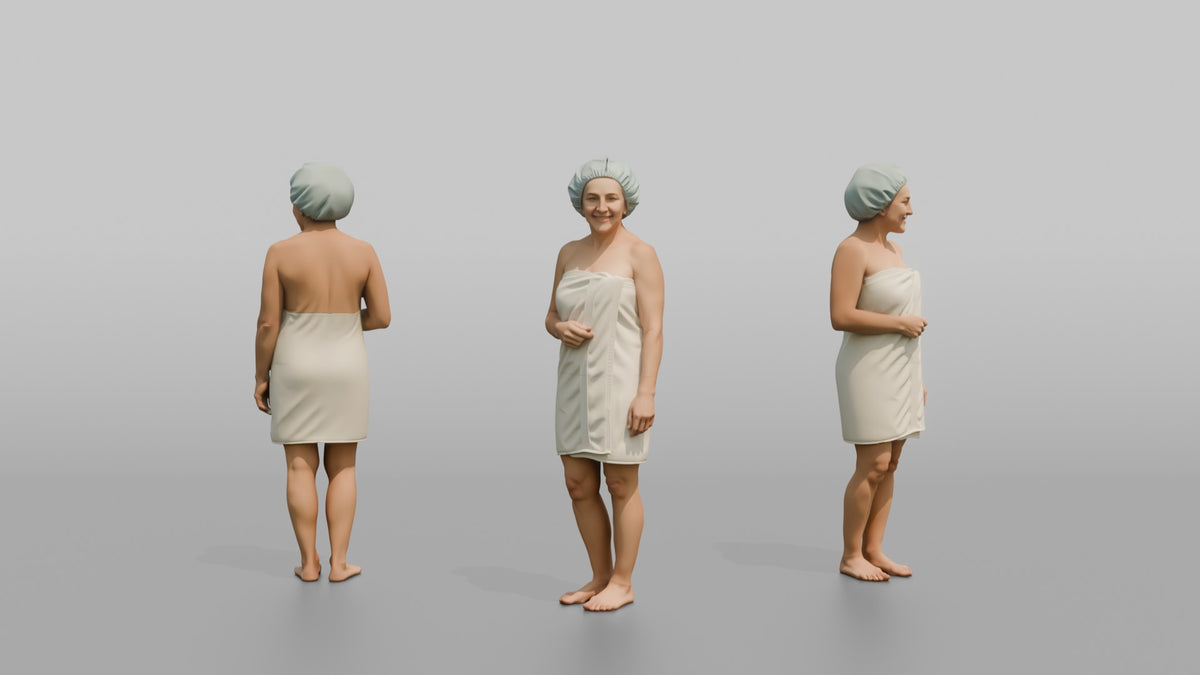 Spa Client Woman Standing Wrapped In A Towel, Hair In A Shower Cap - 3D character model, view 1