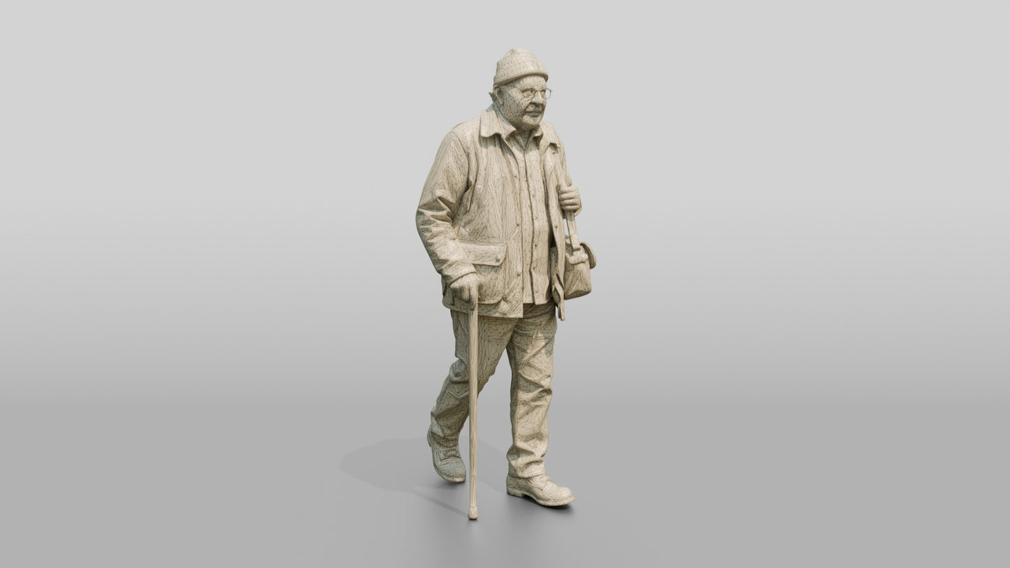 Elderly White Man in Waxed Jacket with Cane