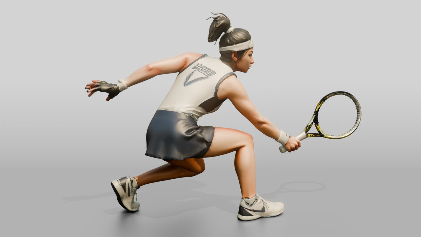Female Tennis Player Crouched with Racket Extended