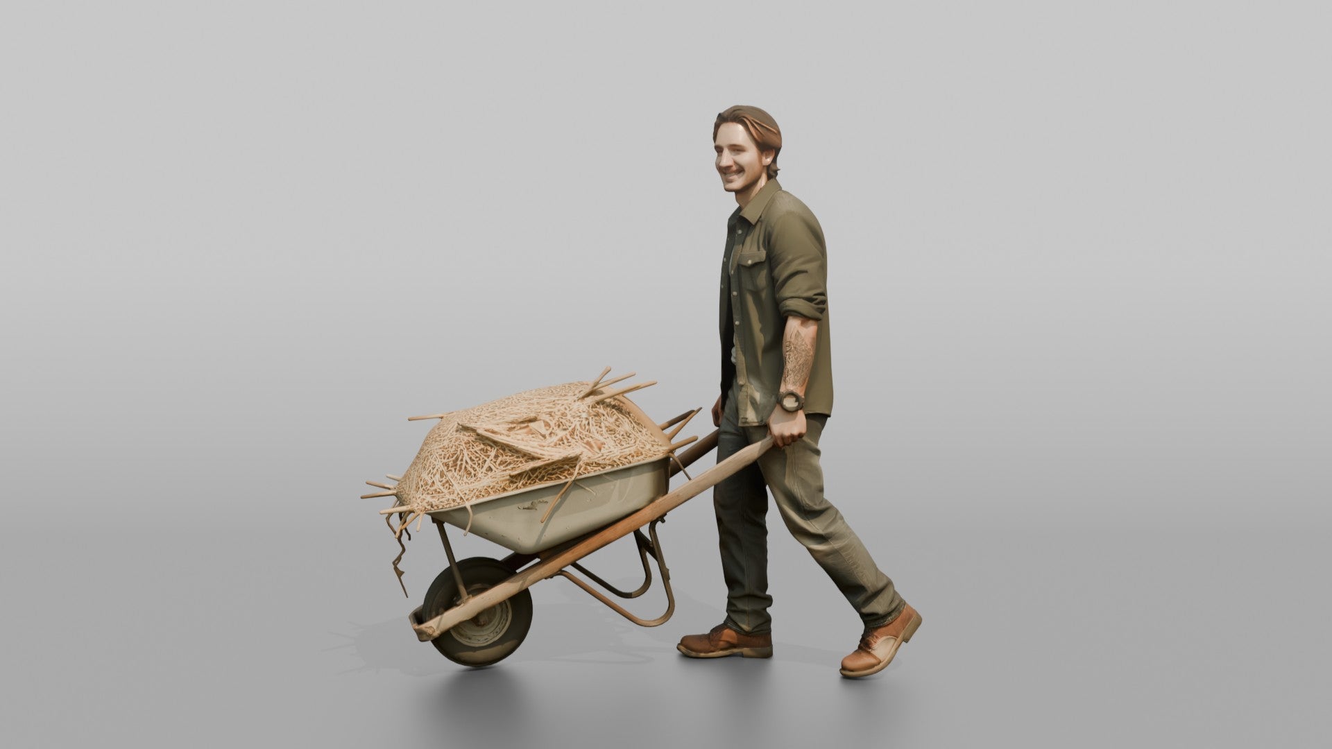 Farmer Pushing Wheelbarrow Overflowing Fresh Straw