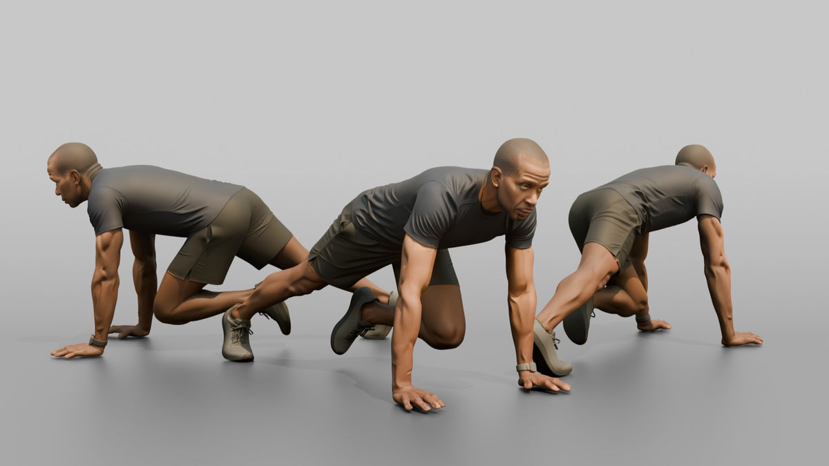 Bodyweight Athlete Man In A Mountain-climber Position - 3D character model, view 1