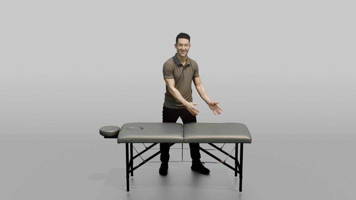 Massage Therapist Man Gesturing With Both Hands Over A Massage Table - 3D character model, view 5