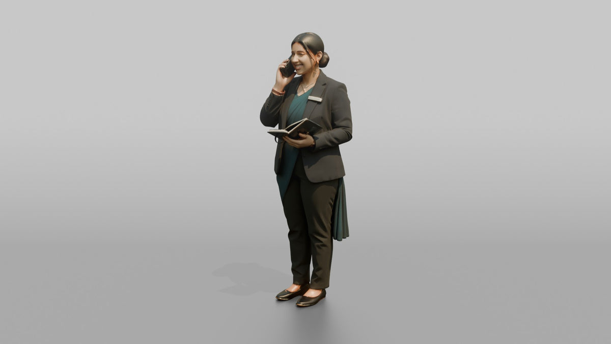 Host Woman Holding A Phone, Taking A Reservation Call - 3D character model, view 4