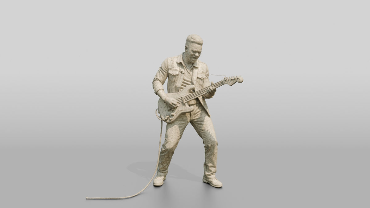 Blues Guitarist Bending an Electric Guitar String - wireframe topology preview