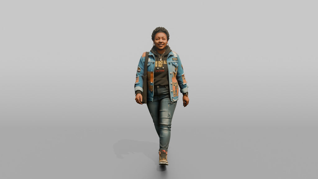 African Woman in Patched Denim Jacket Walking