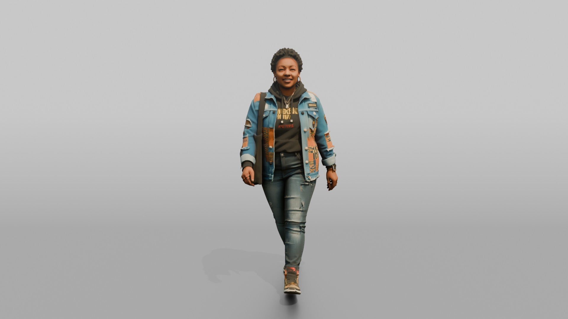 African Woman in Patched Denim Jacket Walking