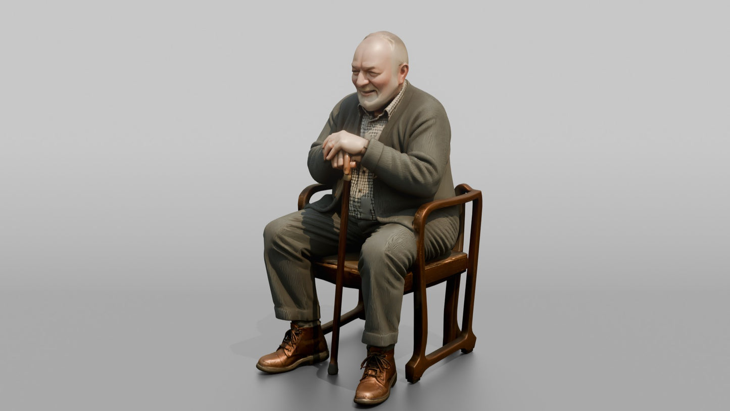 British Man Sitting Upright with a Cane