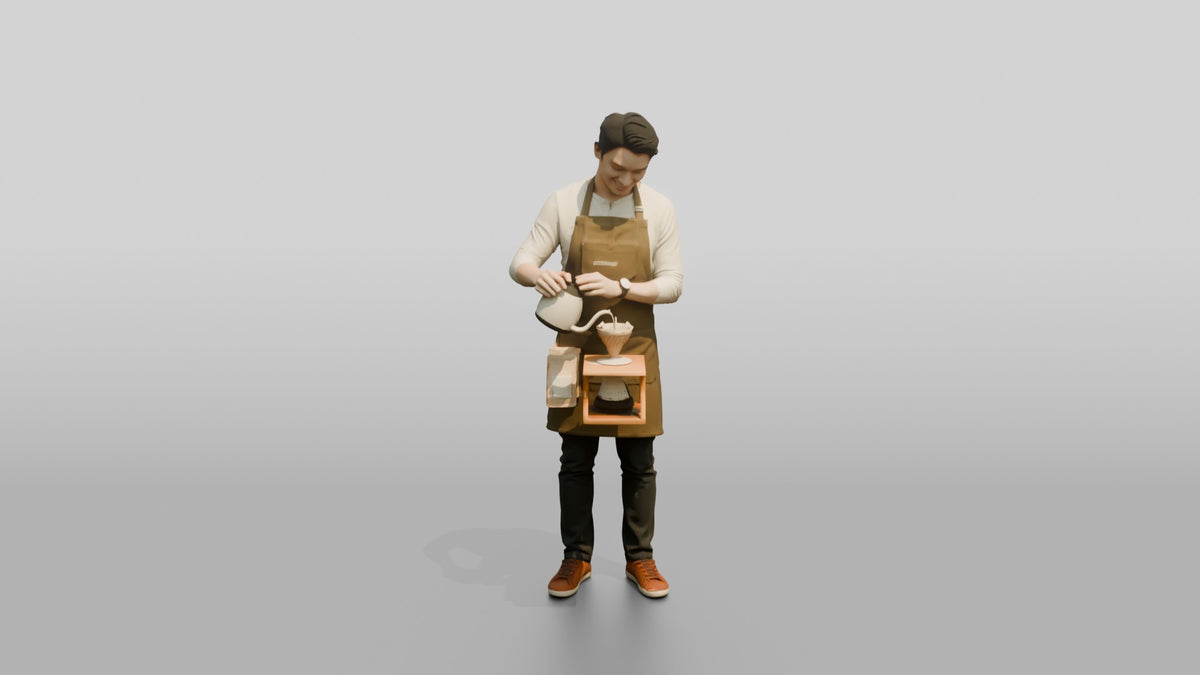 East Asian Barista Pouring Over Coffee - 3D character model, view 5