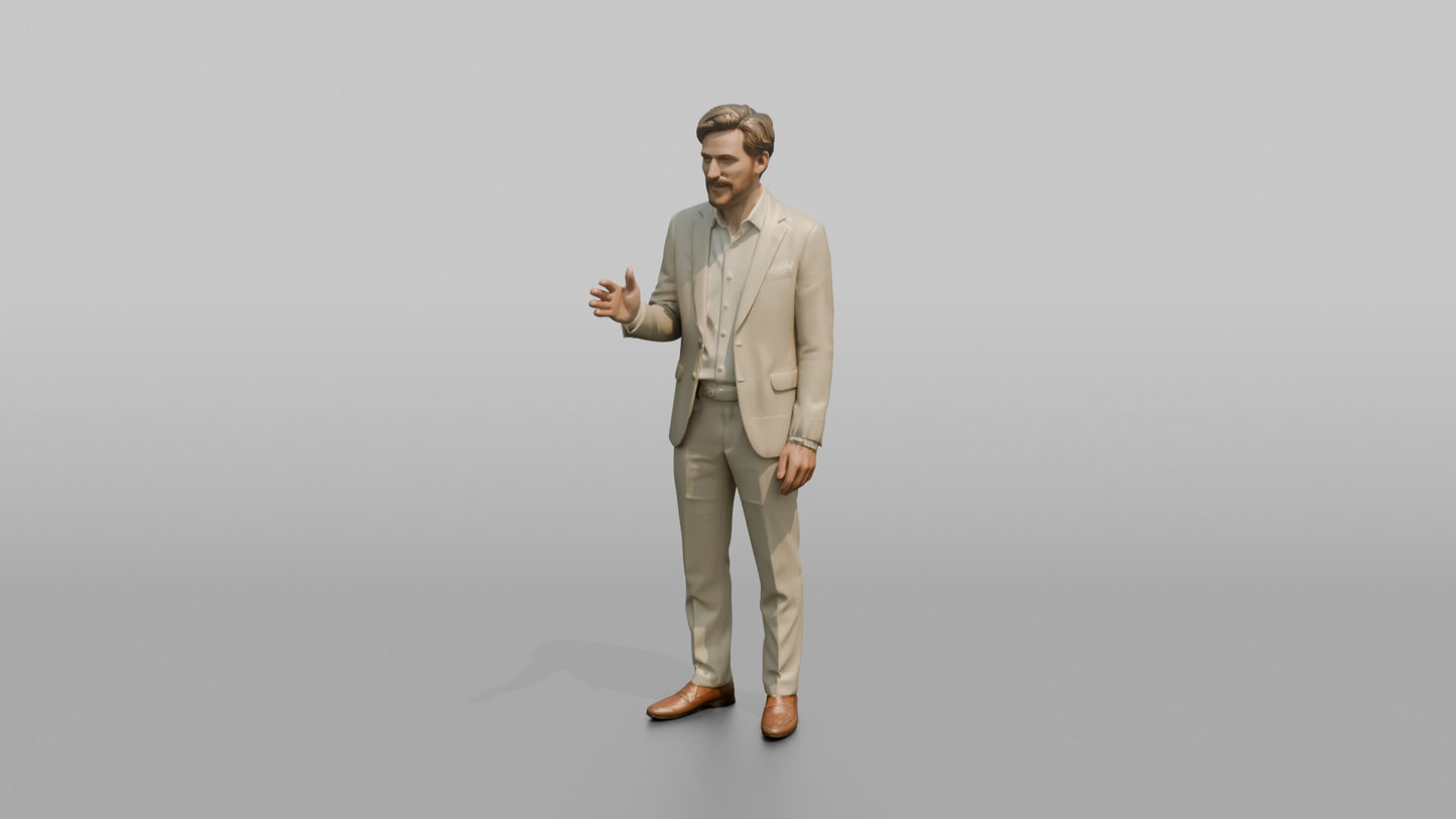 European Man in a Linen Suit, Gesturing Mid-Conversation