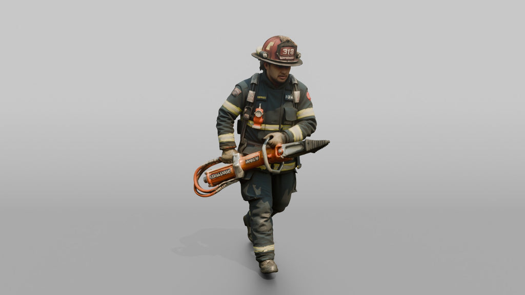 Firefighter Man Carrying a Heavy Rescue Ram Tool