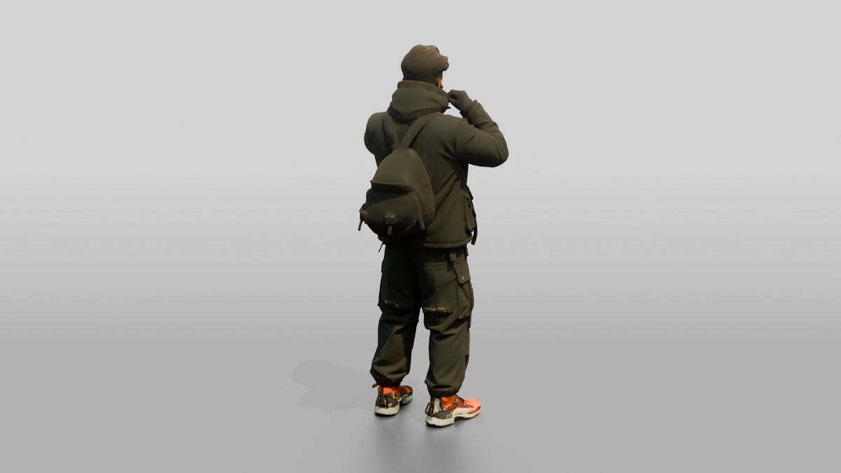Techwear Man Pulling Up His Collar - 3D character model, view 3