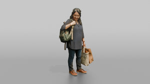 Woman Customer Adjusting Her Backpack Strap While Carrying Two Shopping Bags - 3D character model