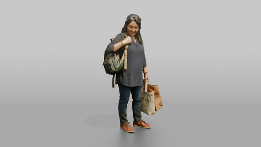 Woman Customer Adjusting Her Backpack Strap While Carrying Two Shopping Bags - 3D character model
