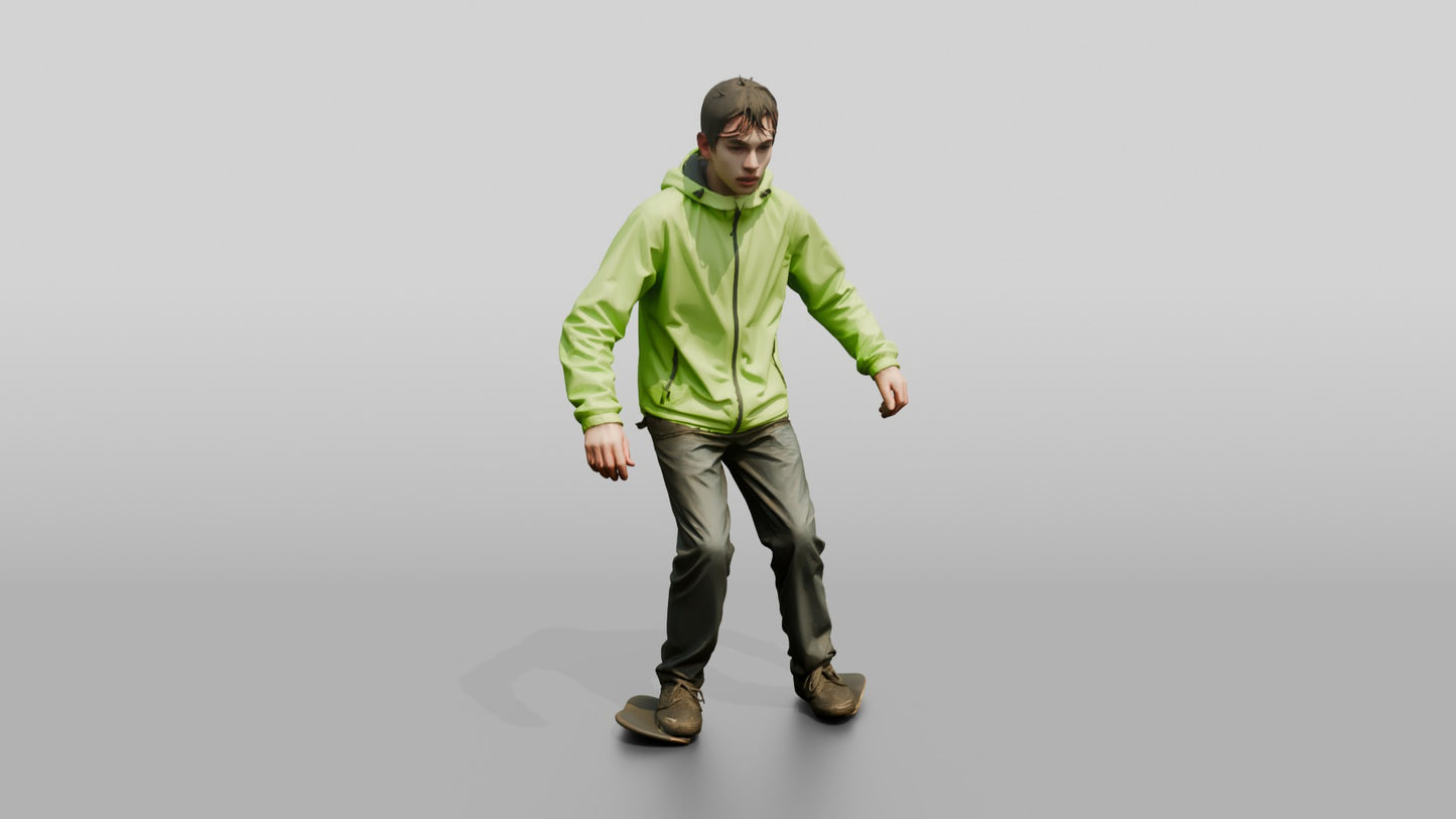White Teen Boy Skateboarding in Green Jacket