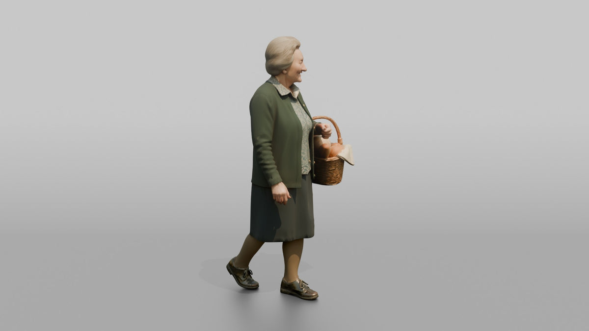 Grandmother Carrying A Wicker Basket Of Fresh Bread - 3D character model, view 2