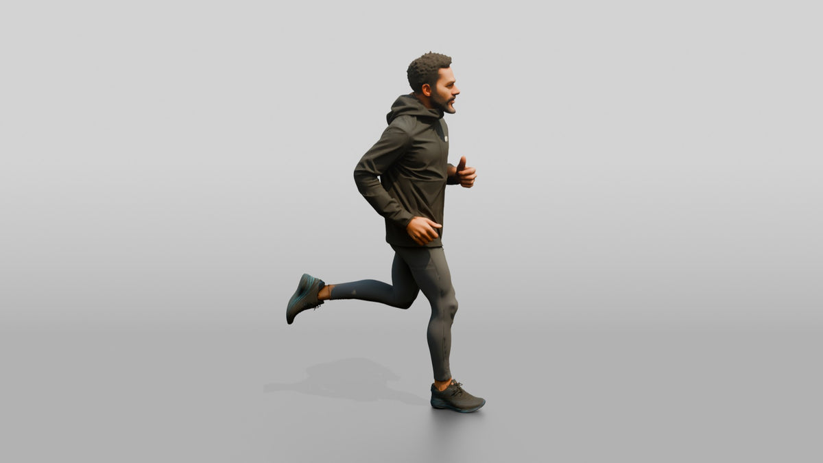 Caribbean Man Jogging in Black Raincoat - 3D character model, view 2