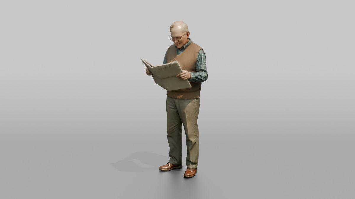 Grandfather Holding A Newspaper, Reading Through His Glasses - 3D character model, view 4