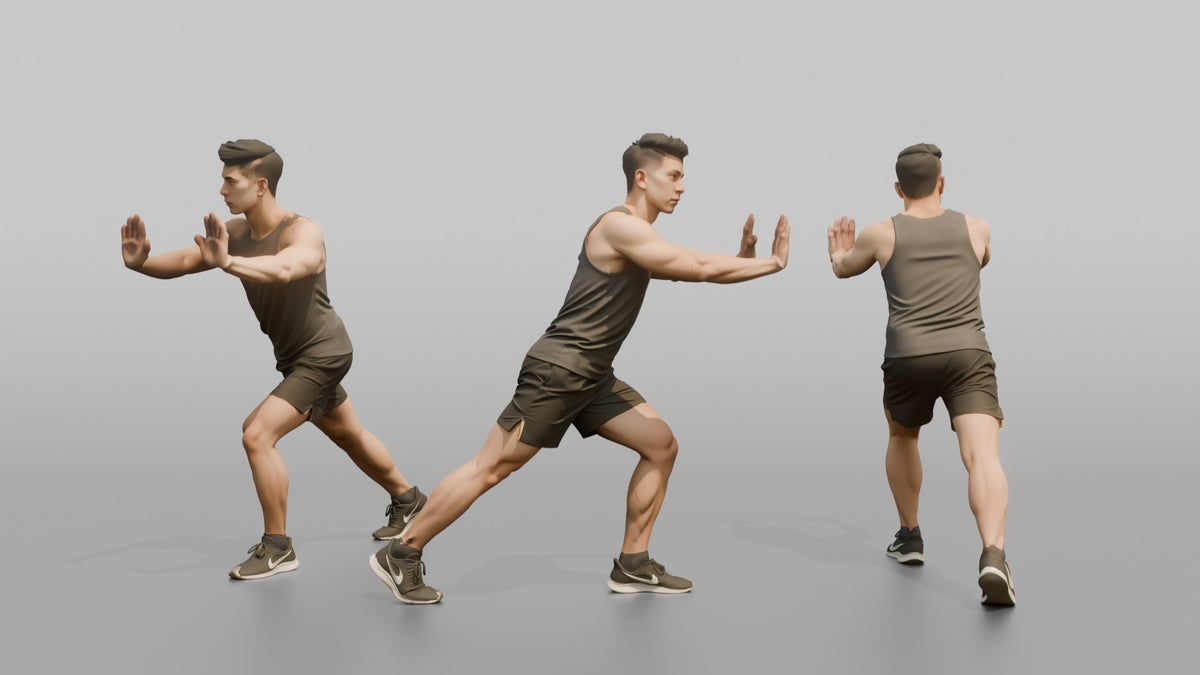 Fitness Influencer Man Doing A Calf Stretch Against An Invisible Wall - 3D character model, view 1