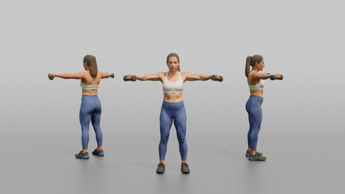 Weightlifter Woman Doing A Dumbbell Lateral Raise - 3D character model, view 1