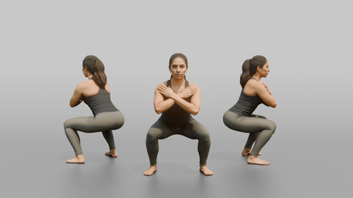 Bodyweight Athlete Woman Holding A Deep Squat Position, Arms Crossed - 3D character model, view 1