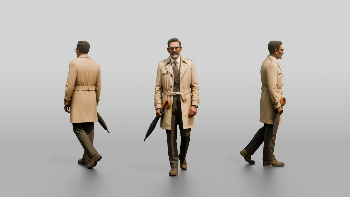 Indian Man in Suit and Trench Coat with Umbrella