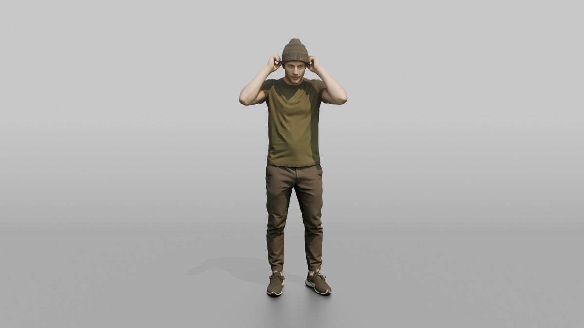 Man Customer Trying On A Beanie Hat - 3D character model, view 5