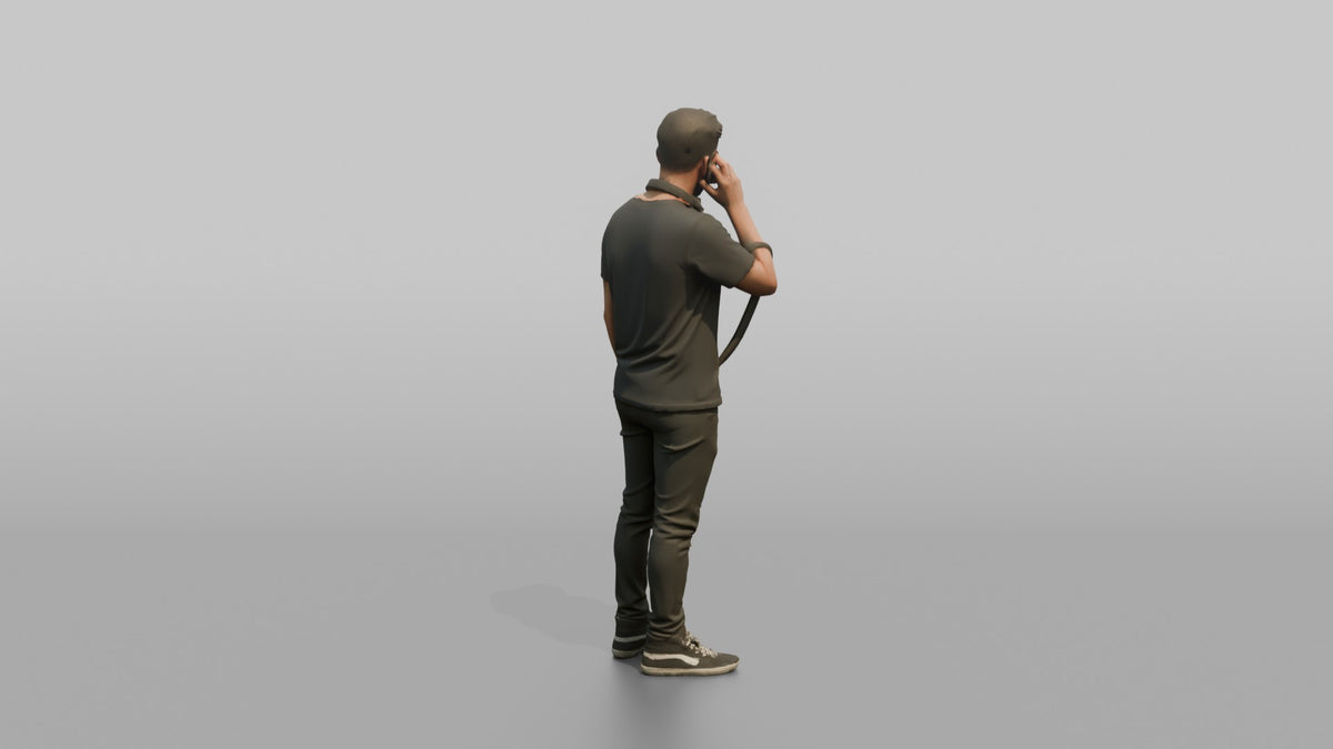 Club DJ Man Holding A Pair Of Headphones Up To One Ear - 3D character model, view 3
