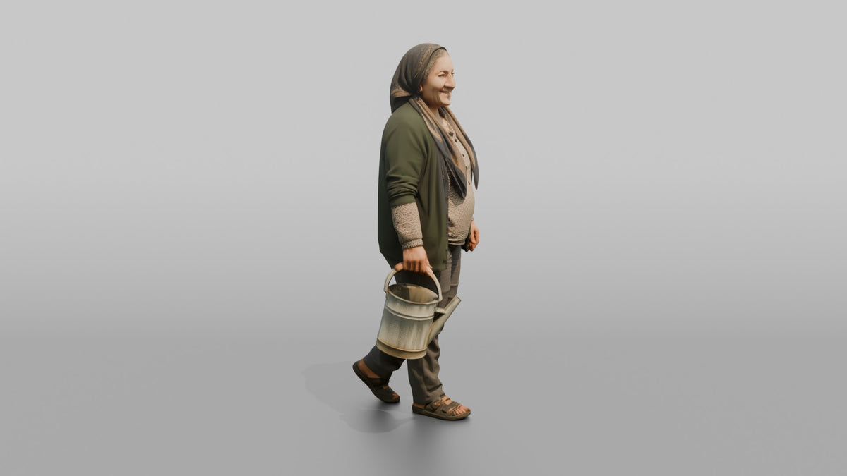 Grandmother Carrying A Watering Can For Her Garden - 3D character model, view 2