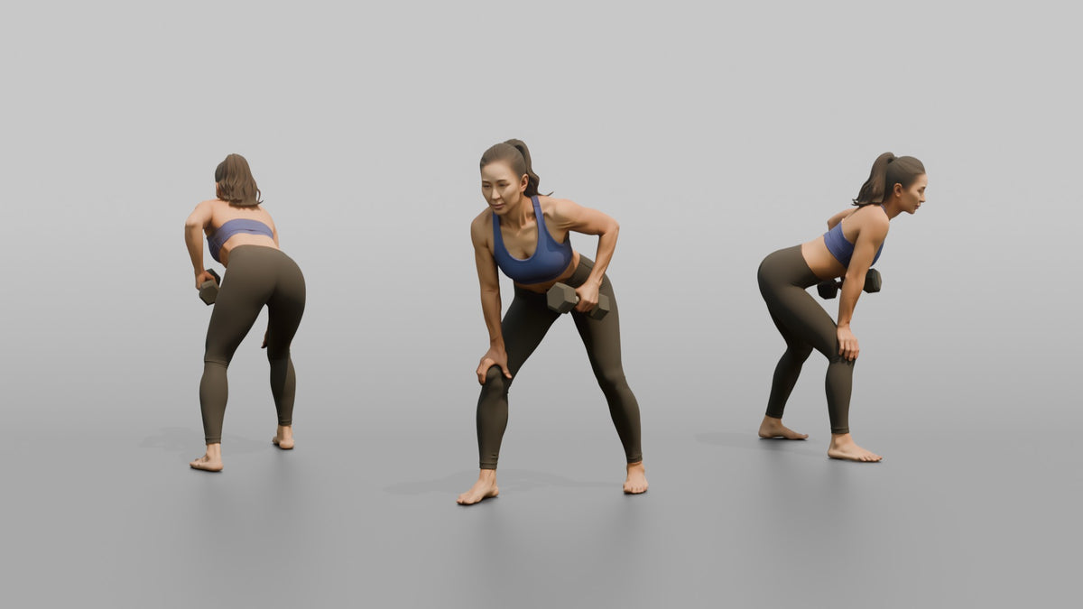Weightlifter Woman Performing A Bent-over Dumbbell Row - 3D character model, view 1