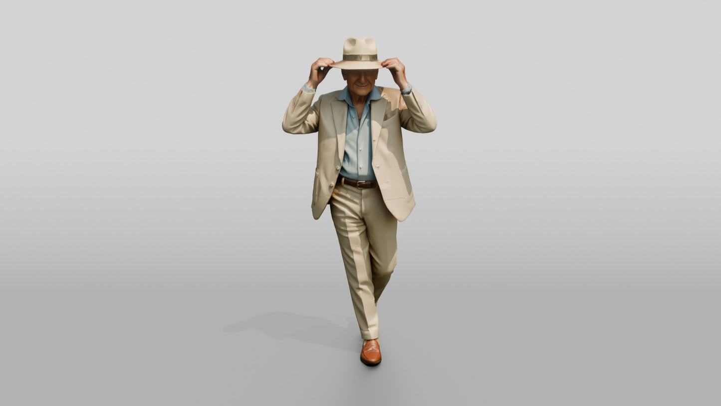 Elderly Slender Italian Gentleman Adjusting His Panama Hat