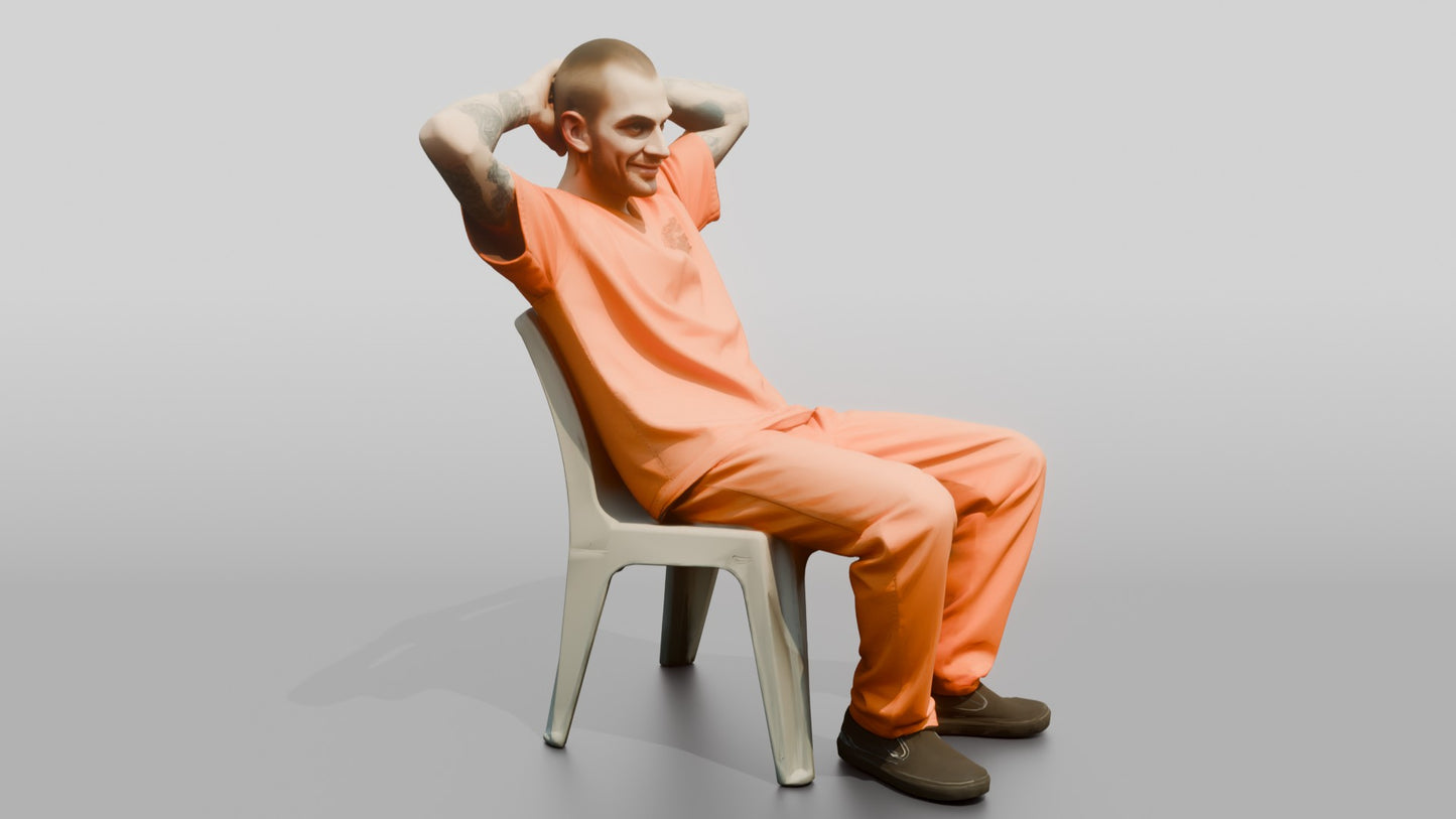 Caucasian Male Prisoner Leaning Back in a Hard Plastic Chair
