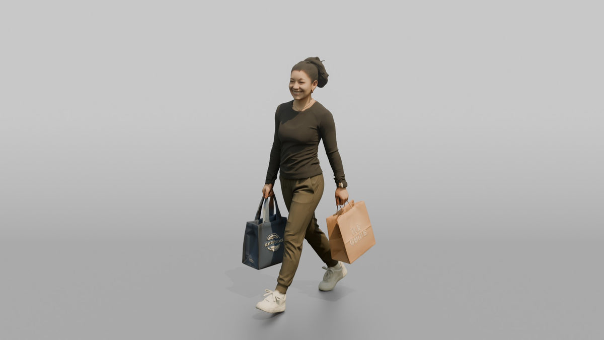 Woman Customer Walking With A Shopping Bag In Each Hand, Smiling - 3D character model, view 5