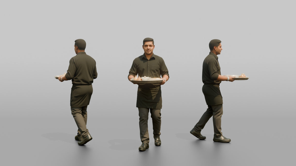 Server Man Holding A Bread Basket With Both Hands - 3D character model, view 1